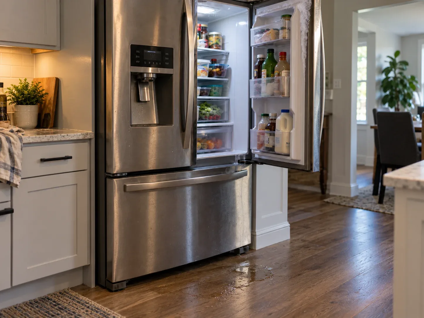 Refrigerator with visible frost and water leakage in a home kitchen
