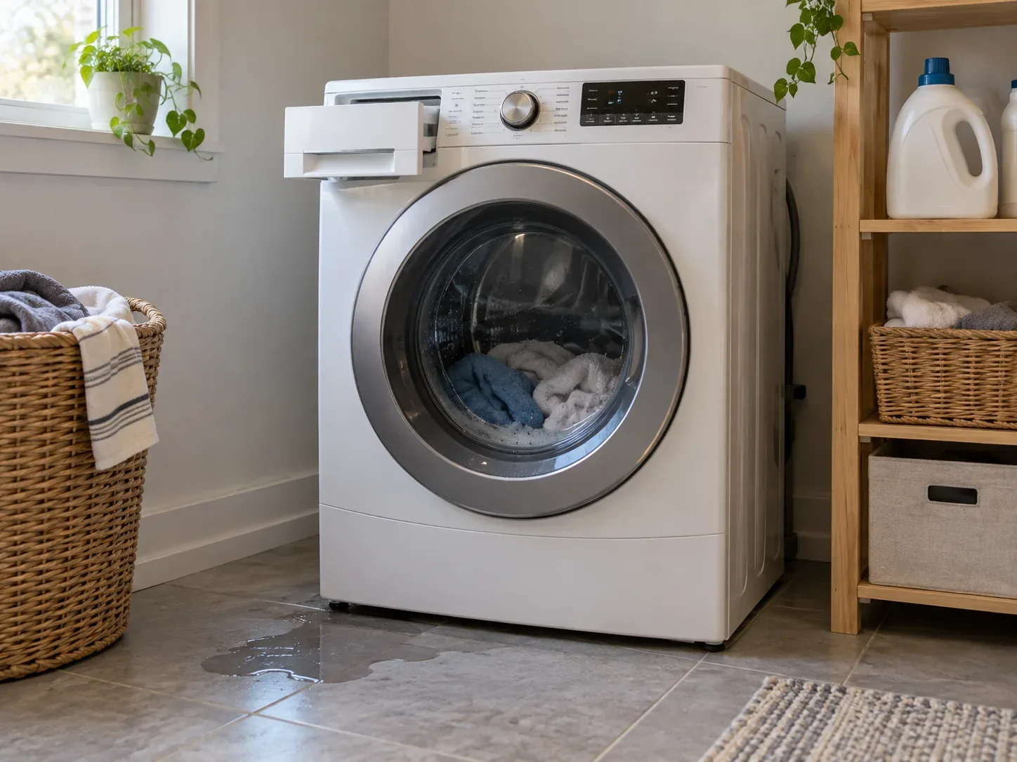 Front-load washer in a home laundry room with visible water on the floor