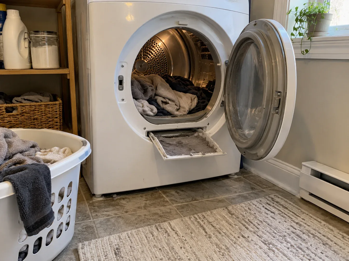 Front-load dryer in a home laundry room