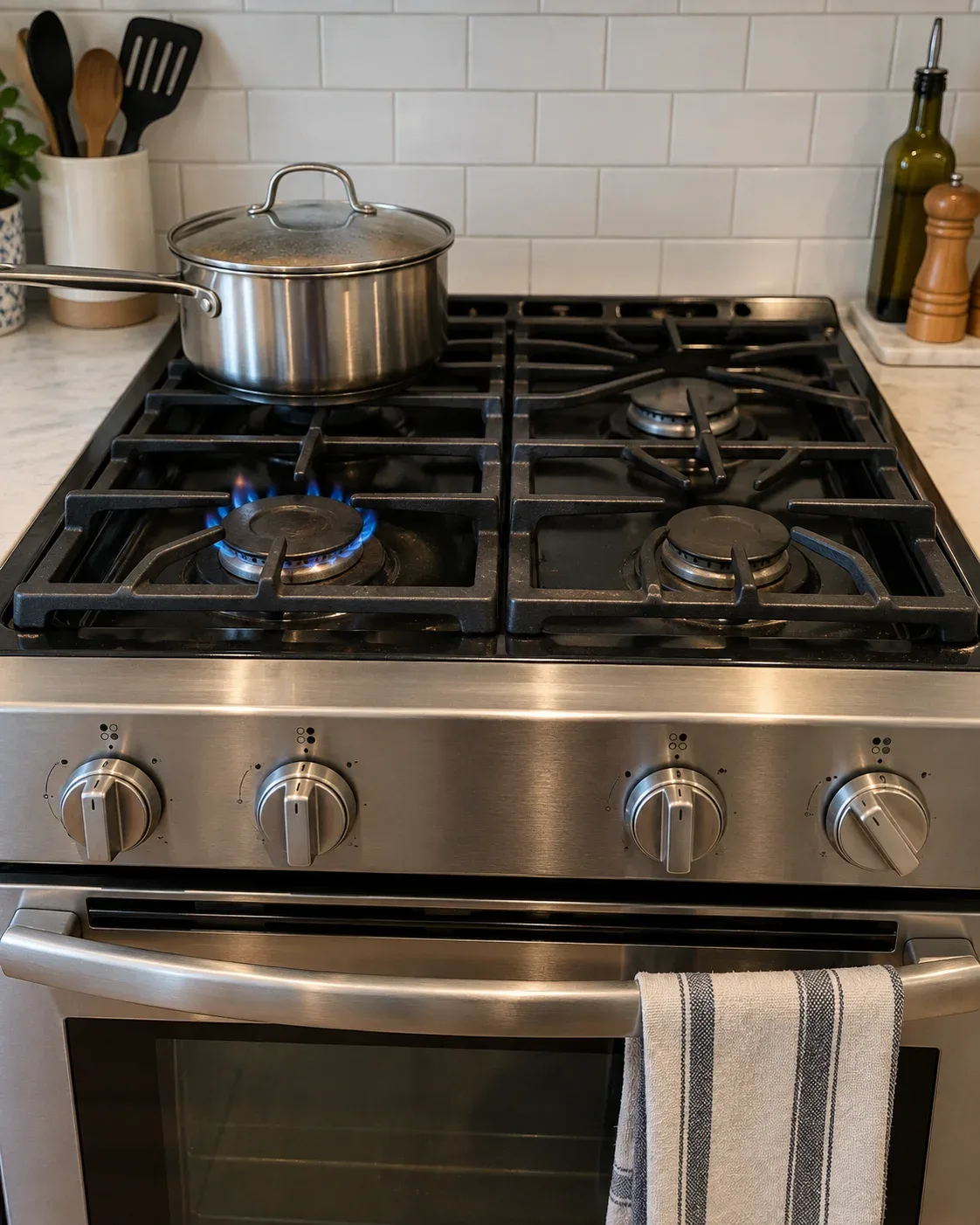 Gas stove with weak flame, unlit burner and visible controls in a home kitchen