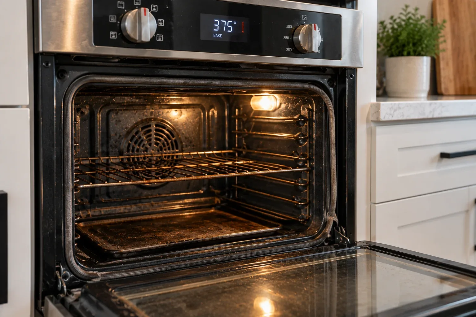 Open oven in a home kitchen